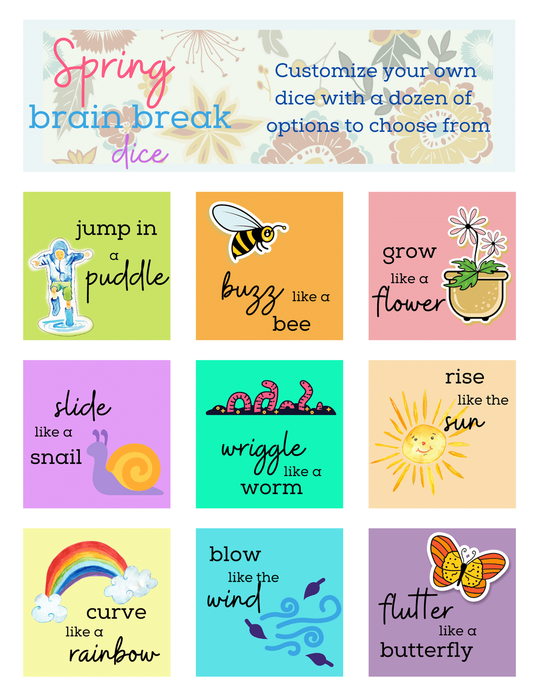 Spring Break Brain Break Dice