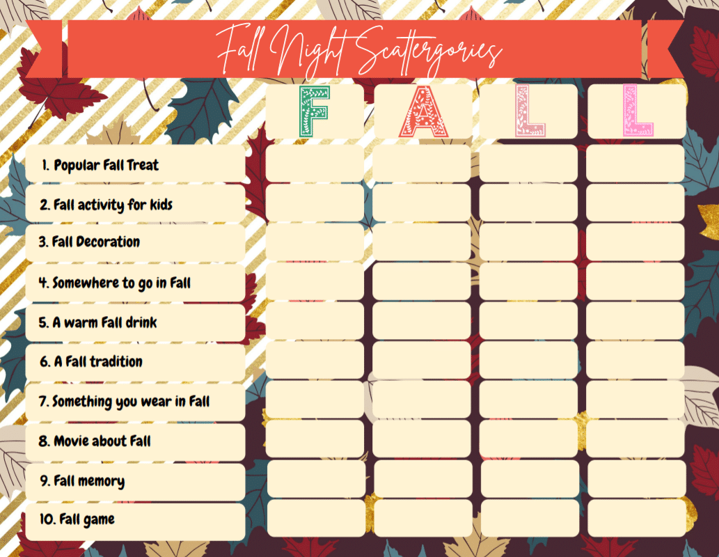 Fall Fun Scattegories Board